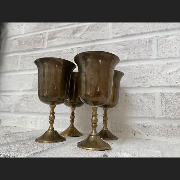 Brass Wine Goblets - Set of 4 - Vintage - Made in India - 5" Tall - Picture 6 of 9